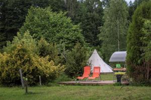 three chairs and a tent with a table and a grill at Hot Tub with Wigwam Fluffy Horns - Kubls ar vigvamu Pūkainie Ragi in Plieņciems