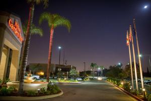 Hilton Garden Inn Montebello / Los Angeles في مونتيبيلو: شارع بالليل فيه نخيل وفندق