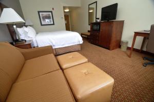 a hotel room with a bed and a couch and a television at Hampton Inn Seaford in Seaford