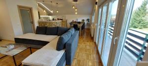 Belavići的住宿－Kod ANE，客厅配有蓝色的沙发和桌子