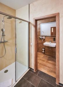 een badkamer met een douche en een wastafel bij Hotel 53° Nord in Brake