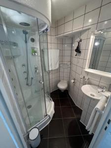 a bathroom with a shower and a sink and a toilet at Hotel la Perla in Meersburg