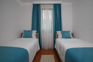two beds in a room with blue and white at Villa Palma in Kotor