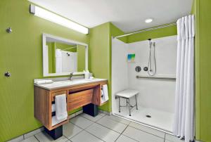 a green bathroom with a sink and a shower at Home2 Suites by Hilton Rochester Henrietta, NY in Rochester