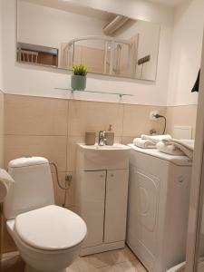 a bathroom with a toilet and a sink and a mirror at Apartament Baltica Nawigator in Gdynia