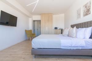 um quarto com uma cama grande e uma televisão em Phaedrus Living: Plateia Suite Brillante em Nicósia