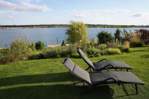 duas cadeiras sentadas na relva ao lado de um lago em Haus am See mit Privatstrand, Kamin und Sauna em Löbnitz