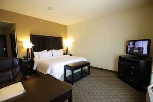 Hampton Inn & Suites McAlester في ماكاليستر: غرفة فندقية بسرير وتلفزيون بشاشة مسطحة