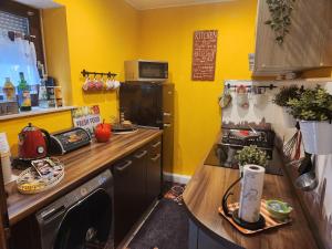 a kitchen with yellow walls and a counter with a stove at Ferienwohnung Salut in Saarbrücken