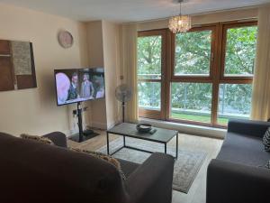 a living room with a couch and a tv at Luxury Apartment New Street Birmingham Feel At Home in Birmingham