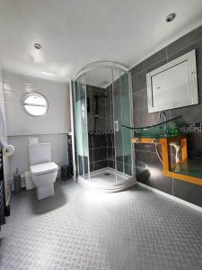 a bathroom with a shower and a toilet at The Joker Boat in Liverpool