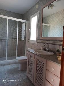 W łazience znajduje się umywalka, toaleta i lustro. w obiekcie Casa La Loma en Archidona w Maladze