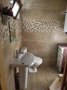 a bathroom with a white sink and a toilet at Central Mestia in Mestia