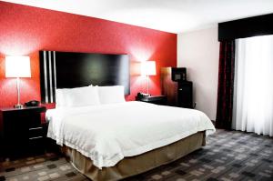 a hotel room with a large bed with red walls at Hampton Inn & Suites Richmond Glenside in Richmond
