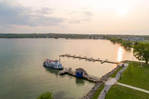 an aerial view of a dock on a lake at Hotel Canandaigua, Tapestry Collection By Hilton in Canandaigua