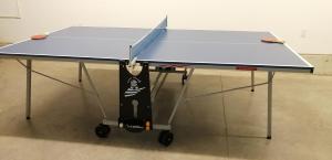 a ping pong table with a ping pong racket on it at Tranquil Bay Lodge, 3 min walk to sand beach in Lambton Shores