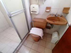 y baño con ducha, aseo y lavamanos. en Hotel Veleros Cartagena, en Cartagena de Indias