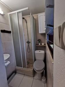 a small bathroom with a shower and a toilet at Studio avec grande terrasse in Saint-Denis