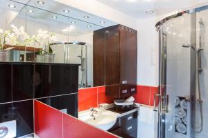 a bathroom with a sink and a shower at Apartament Abrahama in Gdynia