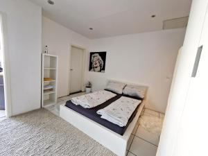 een witte kamer met een bed met 2 kussens bij iBO-APART Ganze Ferienwohnung in Herzogenaurach in Herzogenaurach