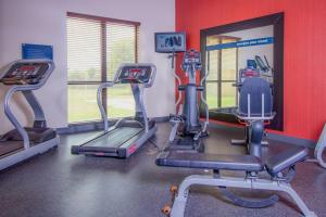 een fitnessruimte met 2 loopbanden en een spiegel bij Hampton Inn & Suites Bastrop in Bastrop