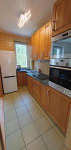 a kitchen with wooden cabinets and a stove top oven at Czarna Woda in Czarna Woda