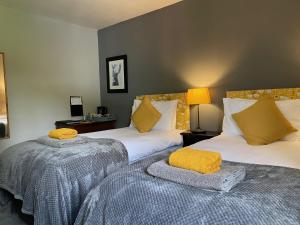 2 Betten in einem Hotelzimmer mit gelben Kissen in der Unterkunft Ardenbeg in Grantown on Spey