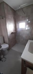 a bathroom with a toilet and a sink and a window at LA CASITA SERRANA in Puerto de Béjar