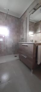 un bagno con doccia, lavandino e specchio di LA CASITA SERRANA a Puerto de Béjar