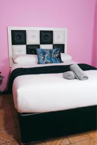 a bedroom with two beds and a pink wall at Flamingo B&B in Richards Bay