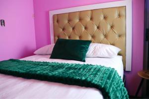 a green blanket on a bed in a pink room at Flamingo B&B in Richards Bay