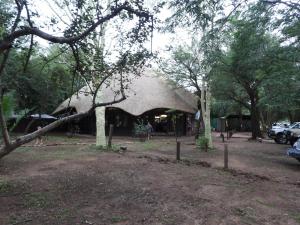 a thatched building with a group of trees at African Kruger Lodge in Marloth Park