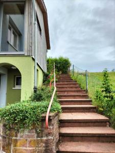 a stairway leading up to a green building at Ausblick Maisenbach in Bad Liebenzell