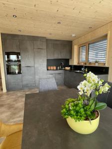 a kitchen with a table and a vase with flowers at Magnifique villa nature le Bois d'Aura in Luisans