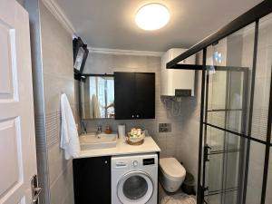 een kleine badkamer met een wasmachine en een wastafel bij House of spring in Çeşme