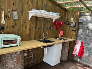 Kuchyň nebo kuchyňský kout v ubytování Glamping Návary s bazénem