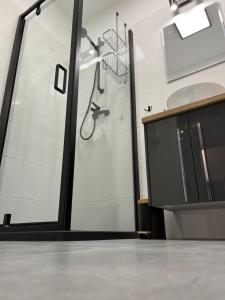 a bathroom with a shower and a sink at N&S Apartament na Lisiej in Zielona Góra +5 photos