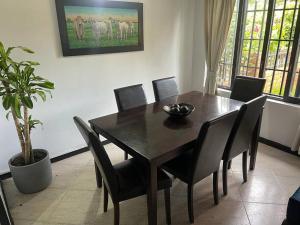 a dining room table with black chairs and a plant at Casa en el corazón de Rionegro! in Rionegro