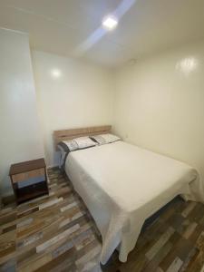 1 dormitorio con cama blanca y suelo de madera en ROTUNDO APART en Puerto Natales
