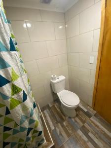 uma casa de banho com um WC e uma cortina de chuveiro em ROTUNDO APART em Puerto Natales
