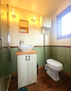 uma casa de banho com um lavatório e um WC em Boyce Fen Farm Retreat Glamping & Fishery em Wisbech