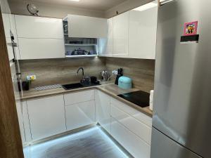 a white kitchen with a sink and a refrigerator at Apartament 20 in Radków +18 photos