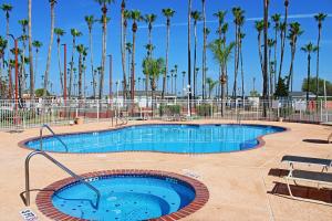 a large swimming pool with palm trees in the background at Victoria Palms Inn and Suites in Donna