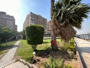 um parque com duas palmeiras e uma coroa de flores vermelhas em شقه داخل كمبوند بالجيزة no Cairo