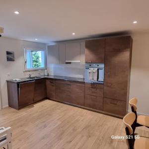 cocina con armarios de madera, fregadero y horno en Mountain-Lake Apartment 2 en Wilderswil