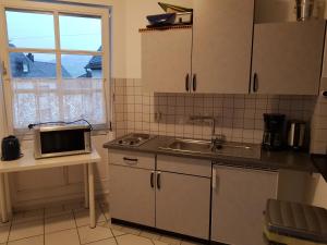 eine kleine Küche mit einem Waschbecken und einem Fenster in der Unterkunft Gästehaus Vinum in Leiwen