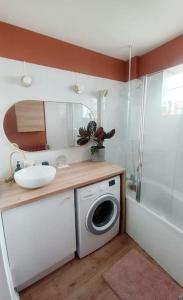 ein Badezimmer mit einer Waschmaschine und einem Waschbecken in der Unterkunft Magnifique T2 à Bordeaux in Bordeaux