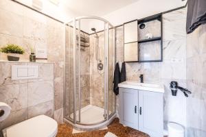 a bathroom with a shower and a toilet and a sink at VIEW4TWO / Chalet-Apartment Zillertal in Hart im Zillertal