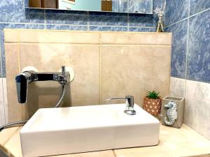 La salle de bains est pourvue d'un lavabo blanc et d'une douche. dans l'établissement Hippocampus, à Varna