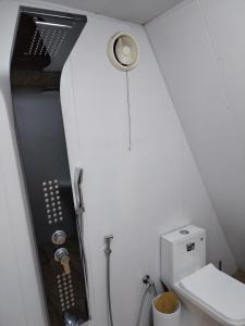 a small bathroom with a toilet and a shower at Widian al-sham huts in Jerash